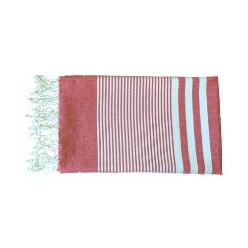 Hamamdoek Klassiek Rood 190 bij 100 centimeter van Made at Hand. Kleur rood, met witte strepen. Gewicht 340 gram.